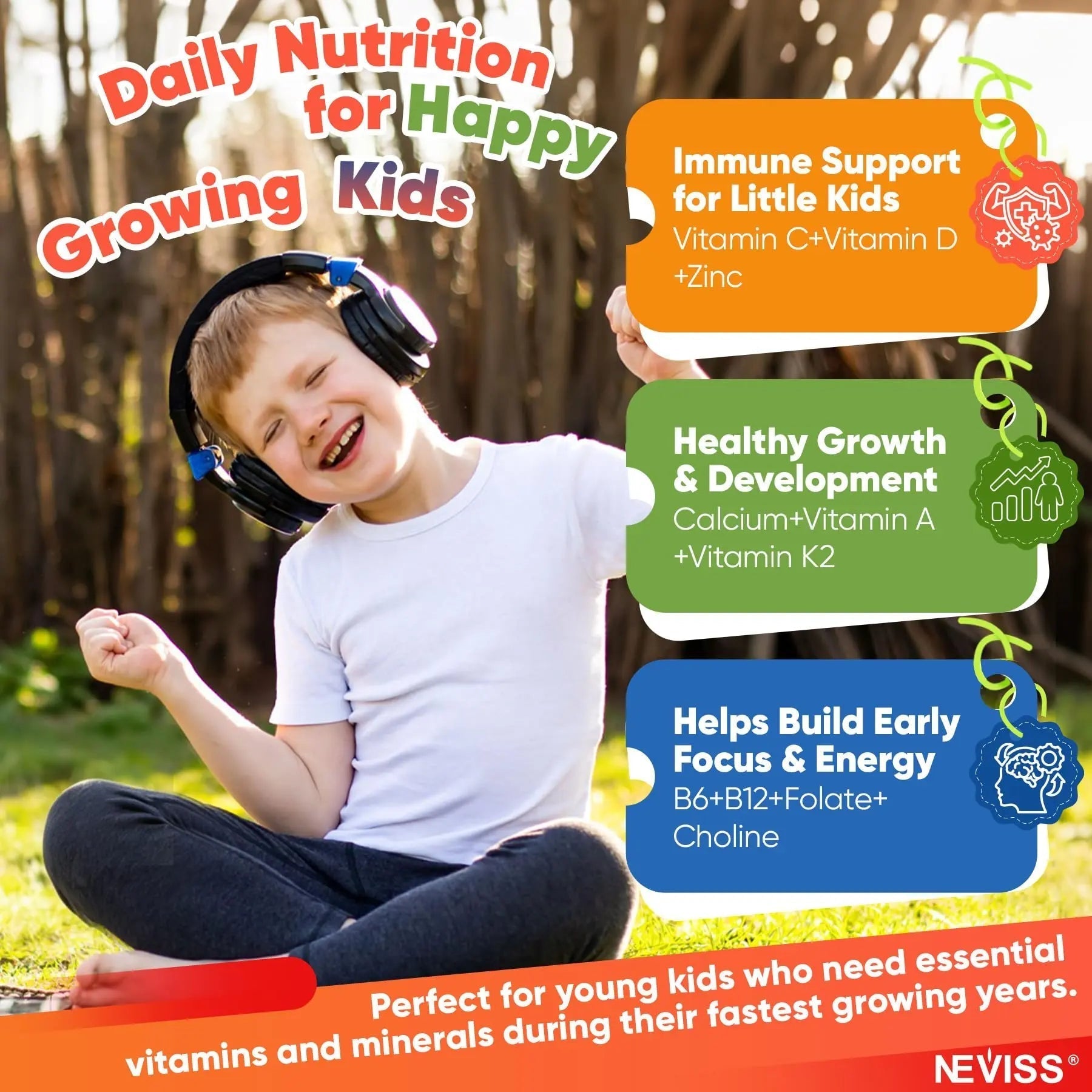 Methylated Multivitamin for Kids Pre-Teen Teens Gummies, Vitamin w/ Omega-3(DHA), Choline, Calcium, D3 K2, Methylfolate & B12 NEVISS
