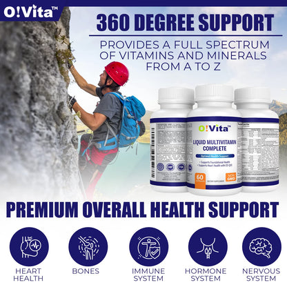 O!VITA Liquid Multivitamin Complete, with a Full Spectrum of Vitamins and Minerals, Plus 42 Fruits and Vegetable Proprietary Blend, Easy Absorption (60 Vegan Liquid Filled Capsules) O!VITABuy Supplements Australia