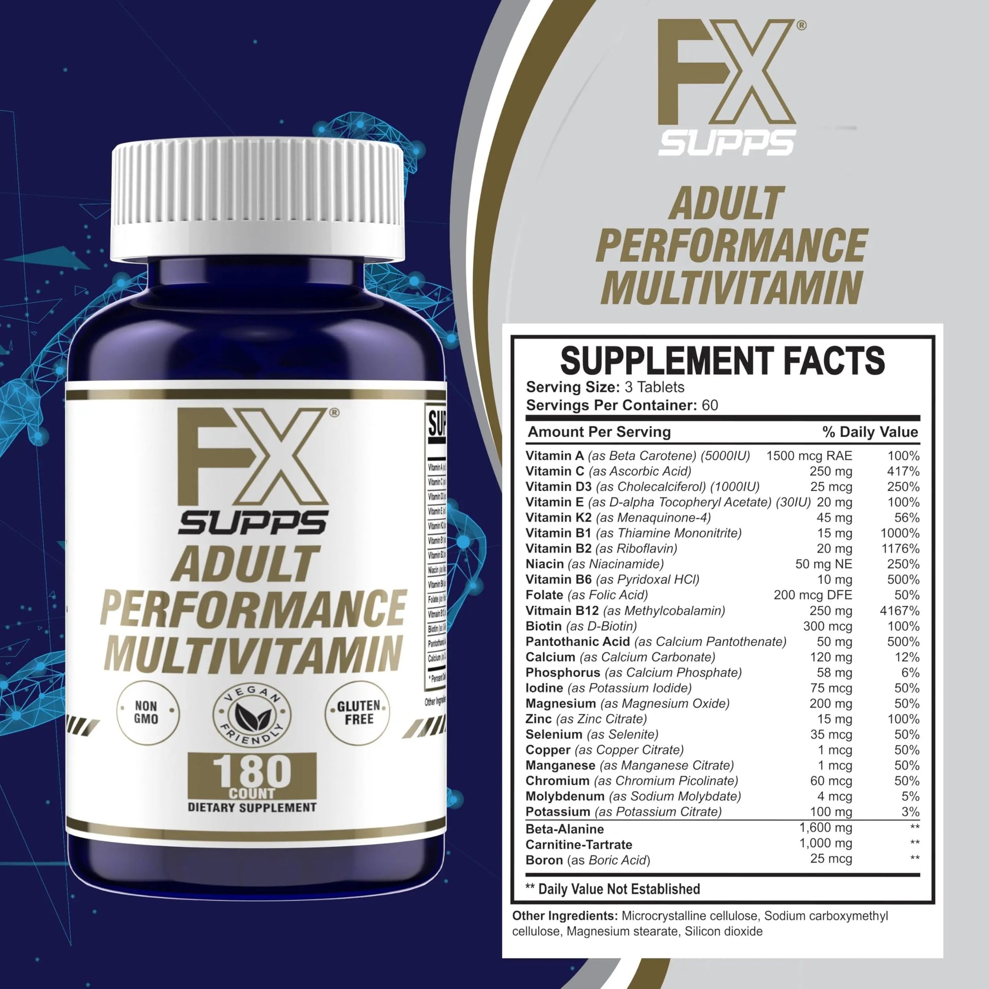 FXSUPPS Performance Multi-Vitamin with Amino Acids, Beta-Alanine and L-Carnitine, Enhanced Performance and Recovery, 180 Tablets FXSUPPSBuy Supplements Australia