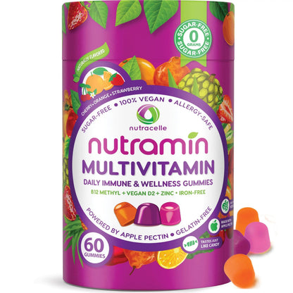 NUTRAMIN Daily Vegan Keto Multivitamin Gummies Non-GMO Natural Vitamin C D + Zinc for Immunity, Plant-Based, Sugar-Free, Nut-Free Nutracelle