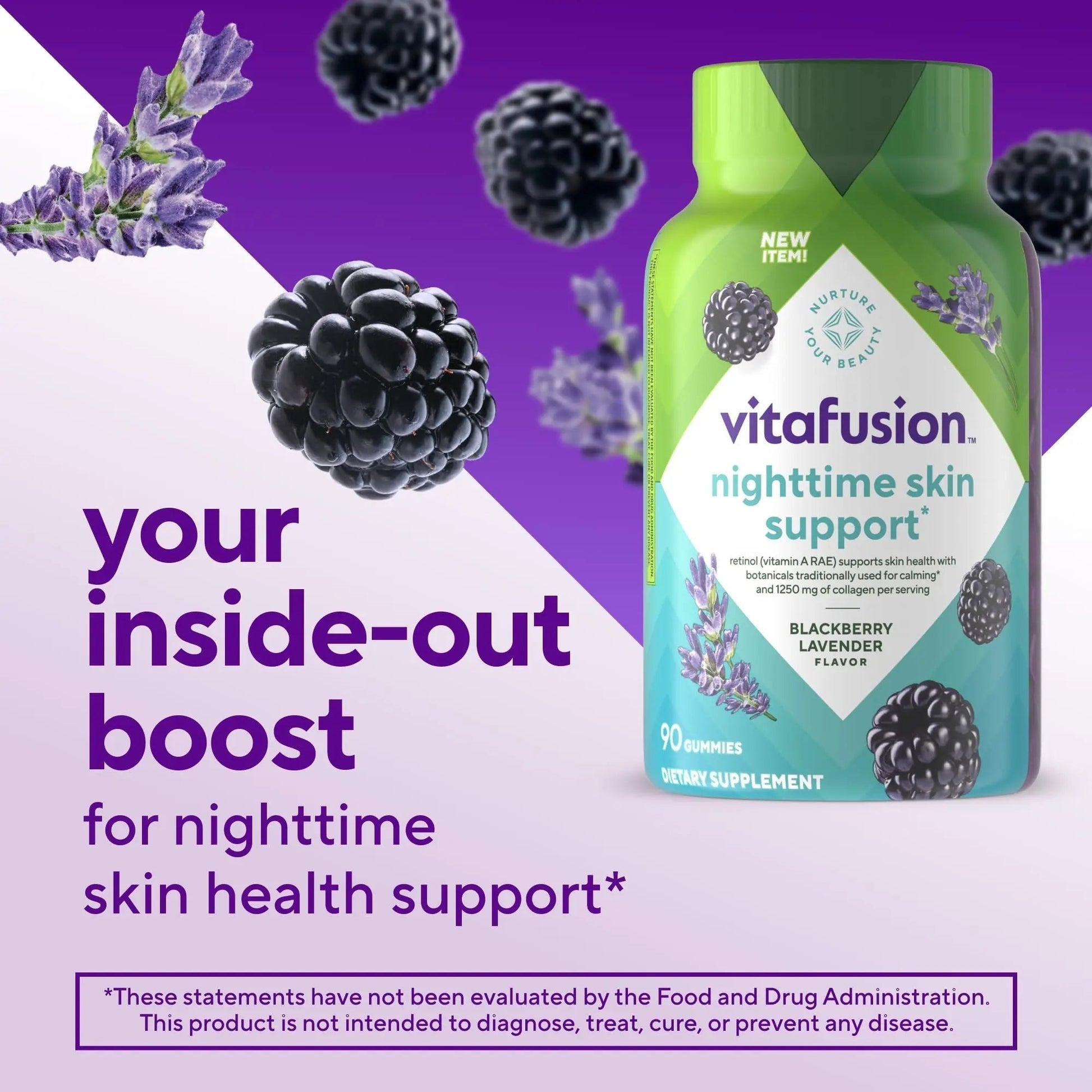 vitafusion Nighttime Skin Support (1), Beauty Supplement with Retinol (Vitamin A RAE), Collagen & Bedtime Botanicals Vitafusion