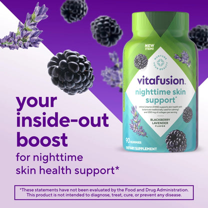vitafusion Nighttime Skin Support (1), Beauty Supplement with Retinol (Vitamin A RAE), Collagen & Bedtime Botanicals Vitafusion