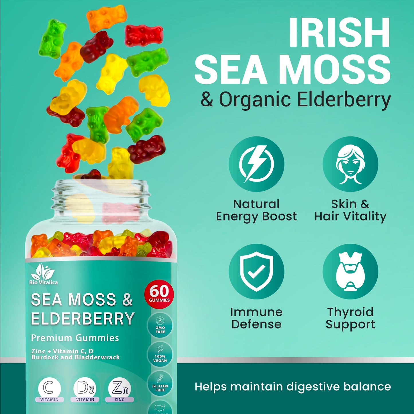 BIO VITALICA Irish Sea Moss Gummies with Elderberry – USA Made Vegan Gummies with Vitamin C, D & Zinc – Immune Support Supplement with Bladderwrack & Burdock Root for Adults & Kids – 3 Packs BIO VITALICABuy Supplements Australia