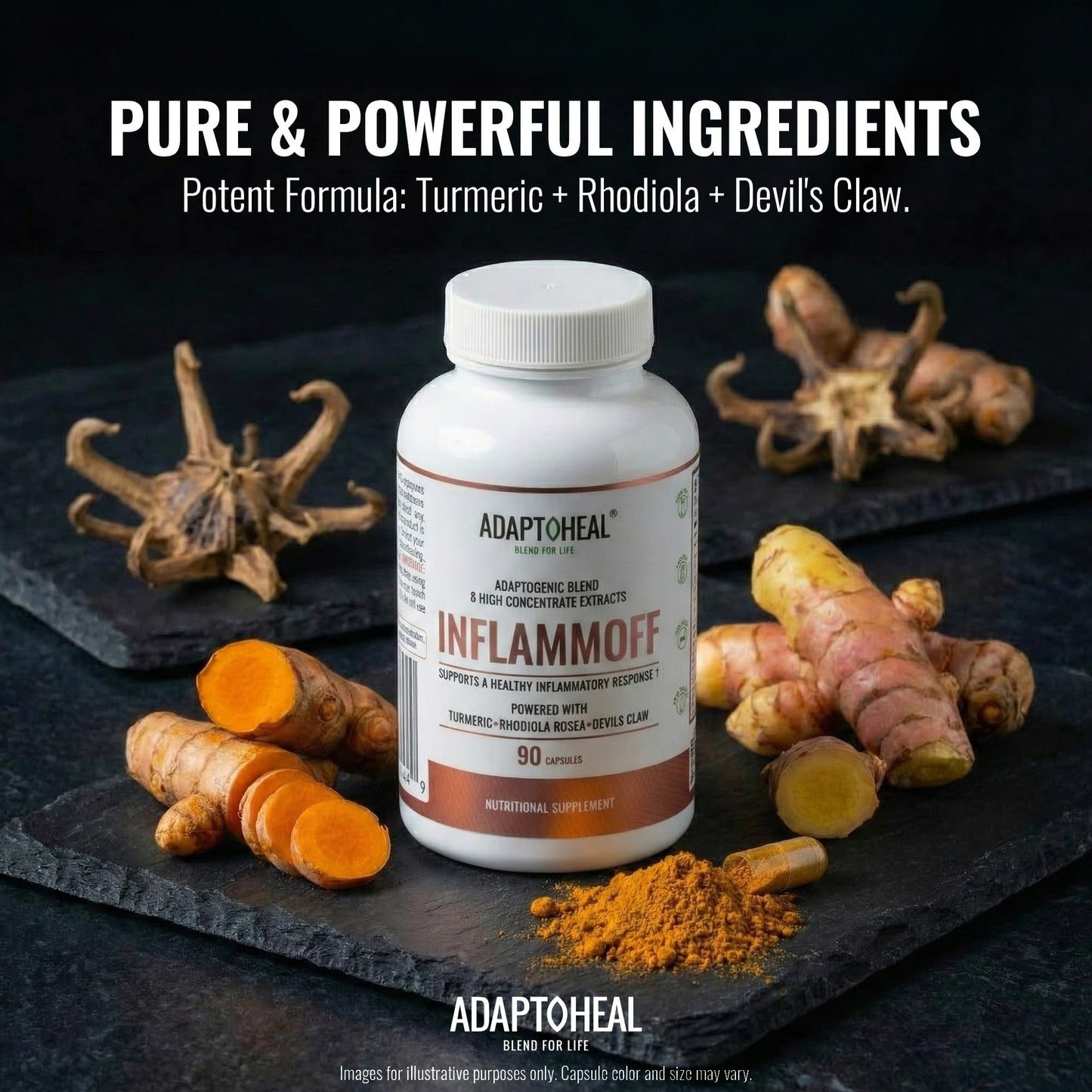 ADAPTOHEAL Inflammoff - Adaptogenic Supplement Designed to Support Joint, Muscle and Tissue Inflammation Naturally, 8 Highly Concentrated extracts with Turmeric and Rhodiola rosea (90 Capsules) ADAPTOHEALBuy Supplements Australia