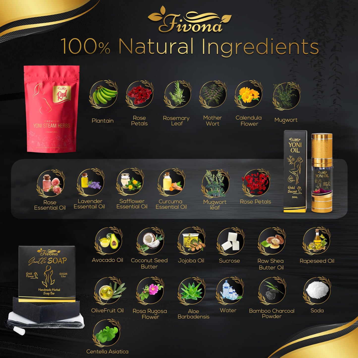 Fivona 4-in-1 Feminine Care Kit, Yoni Oil, Yoni Soap, Yoni Steaming Pot and Red Premium V Steam Herbs FIVONABuy Supplements Australia