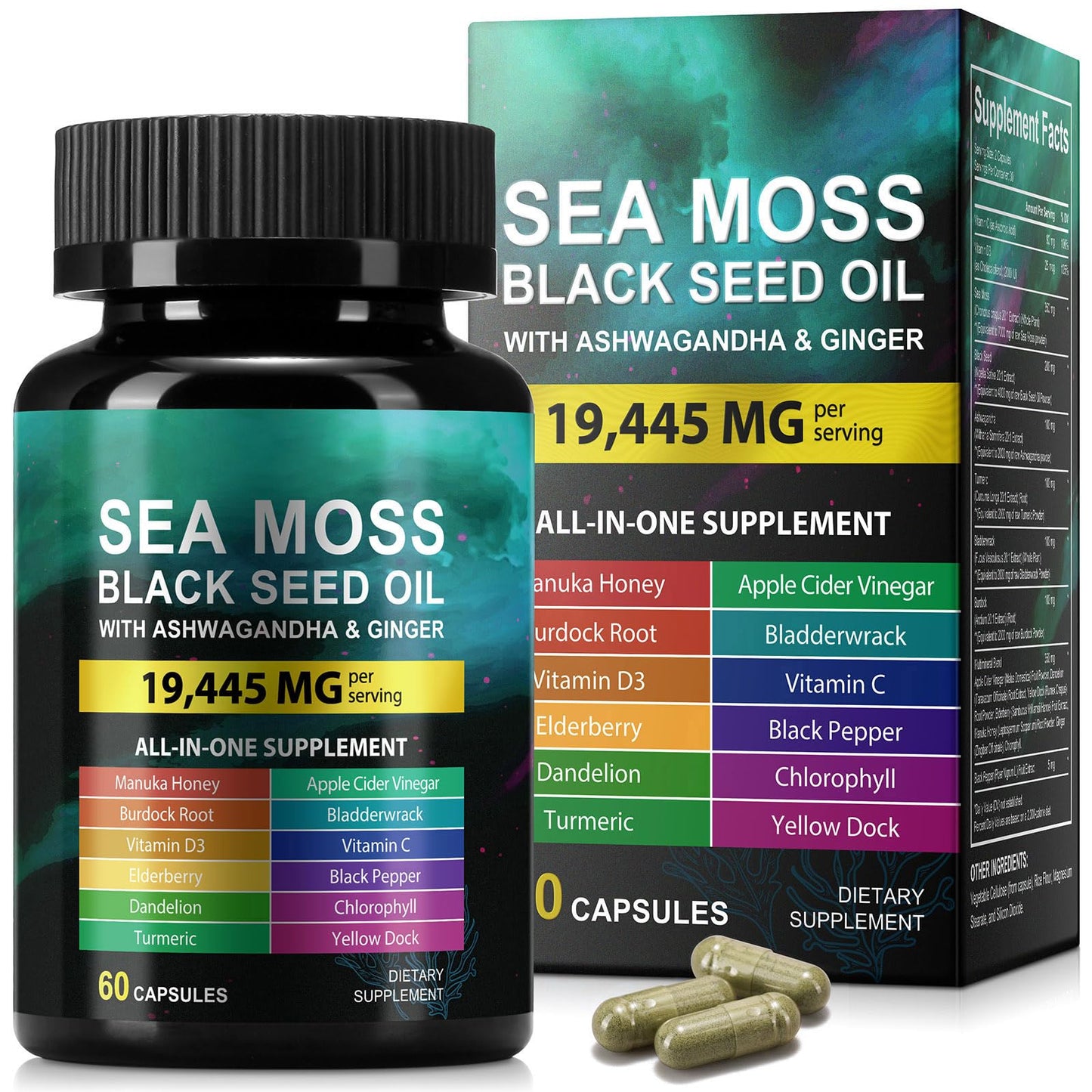 Sea Moss Black Seed Oil Ashwagandha Ginger, Sea Moss Capsule Supplement with Turmeric Burdock Root Bladderwrack Vitamin C Vitamin D3 Enhanced Immunity