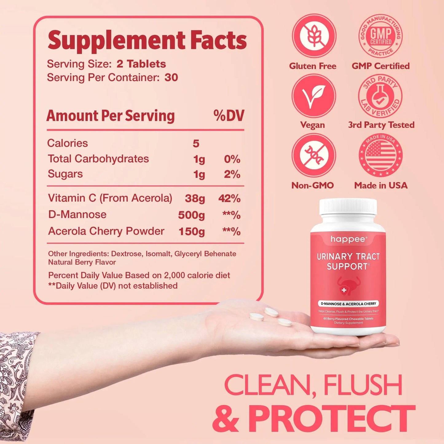 Happee Urinary Tract Health Supplement for Women & Men – Fast-Acting UTI Relief and Prevention, 500mg D-Mannose & Antioxidants, Supports Kidney and Bladder Health, Berry Flavor, 60 Chewables HappeeBuy Supplements Australia