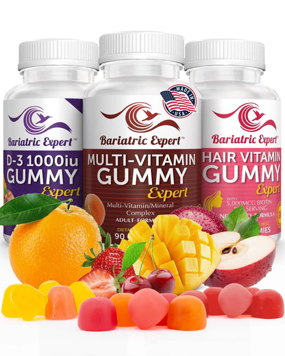 Bariatric Multivitamin 3 Pack, Multivitamin Gummy 90 Chews. - D3 Gummies 90 Chew - Hair Vitamin Gummy 60 Chews. Bariatric Food Expert