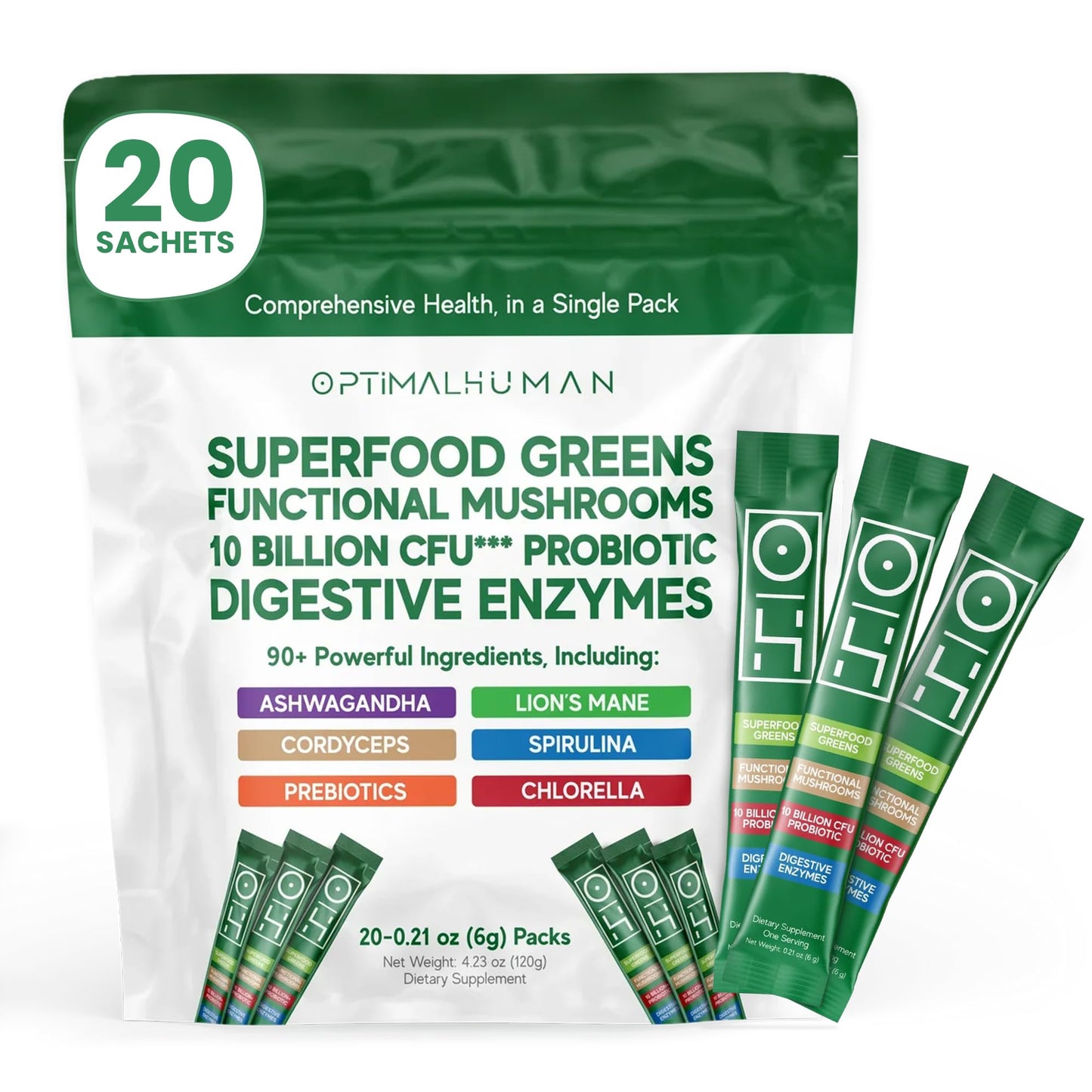 Optimal Human Superfood Greens Powder – 90+ Ingredient Blend with Lion’s Mane Supplement, Ashwagandha & Turmeric – Non-GMO, Soy-Free, Mushroom Supplements for Women – 20 Sachets O HBuy Supplements Australia