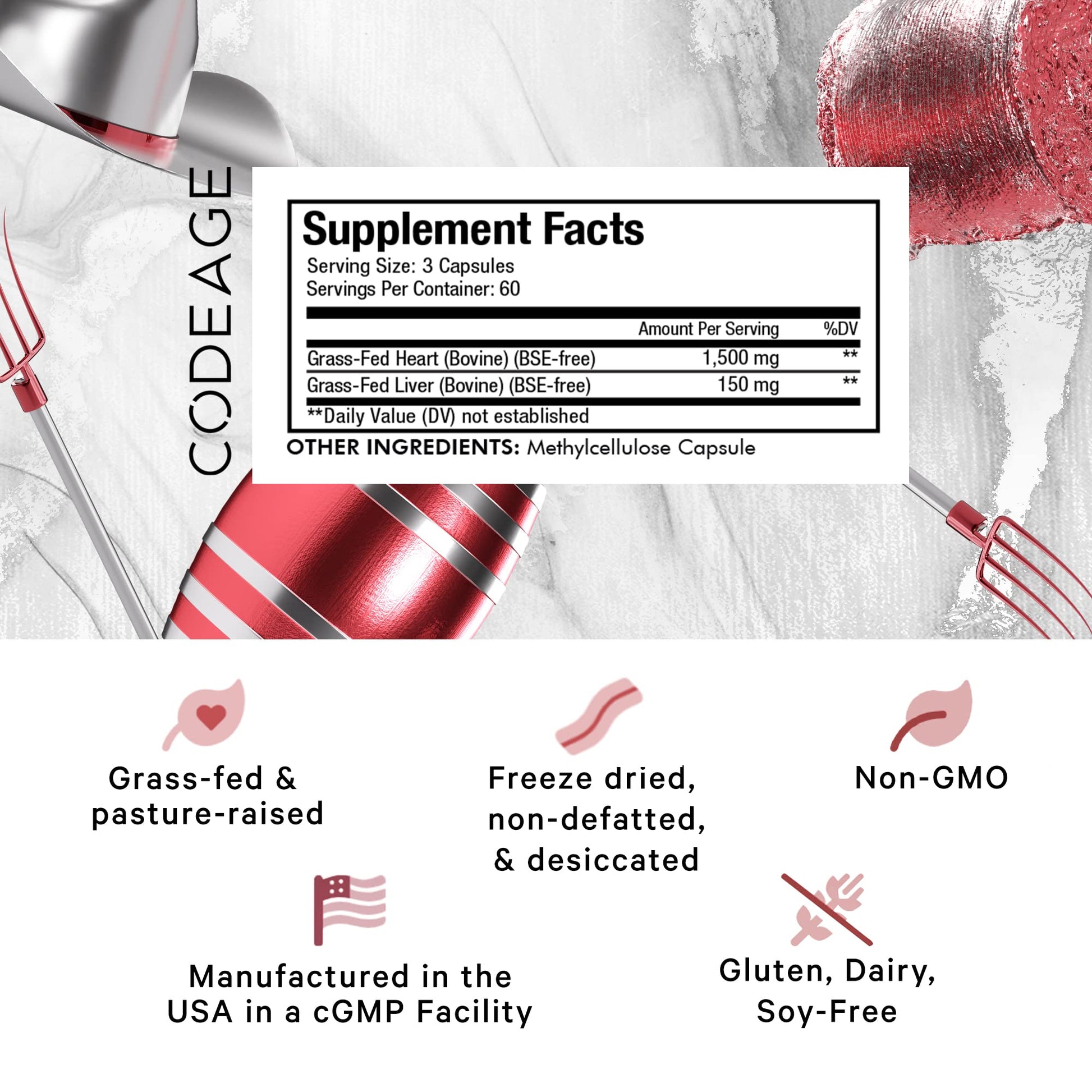 Codeage Grass Fed Beef Heart Supplement - Freeze Dried, Non-Defatted, Desiccated Glandular Supplements - Bovine Meat & Liver Pills - Beef Vitamins for Heart - Non-GMO -180 Capsules CodeageBuy Supplements Australia