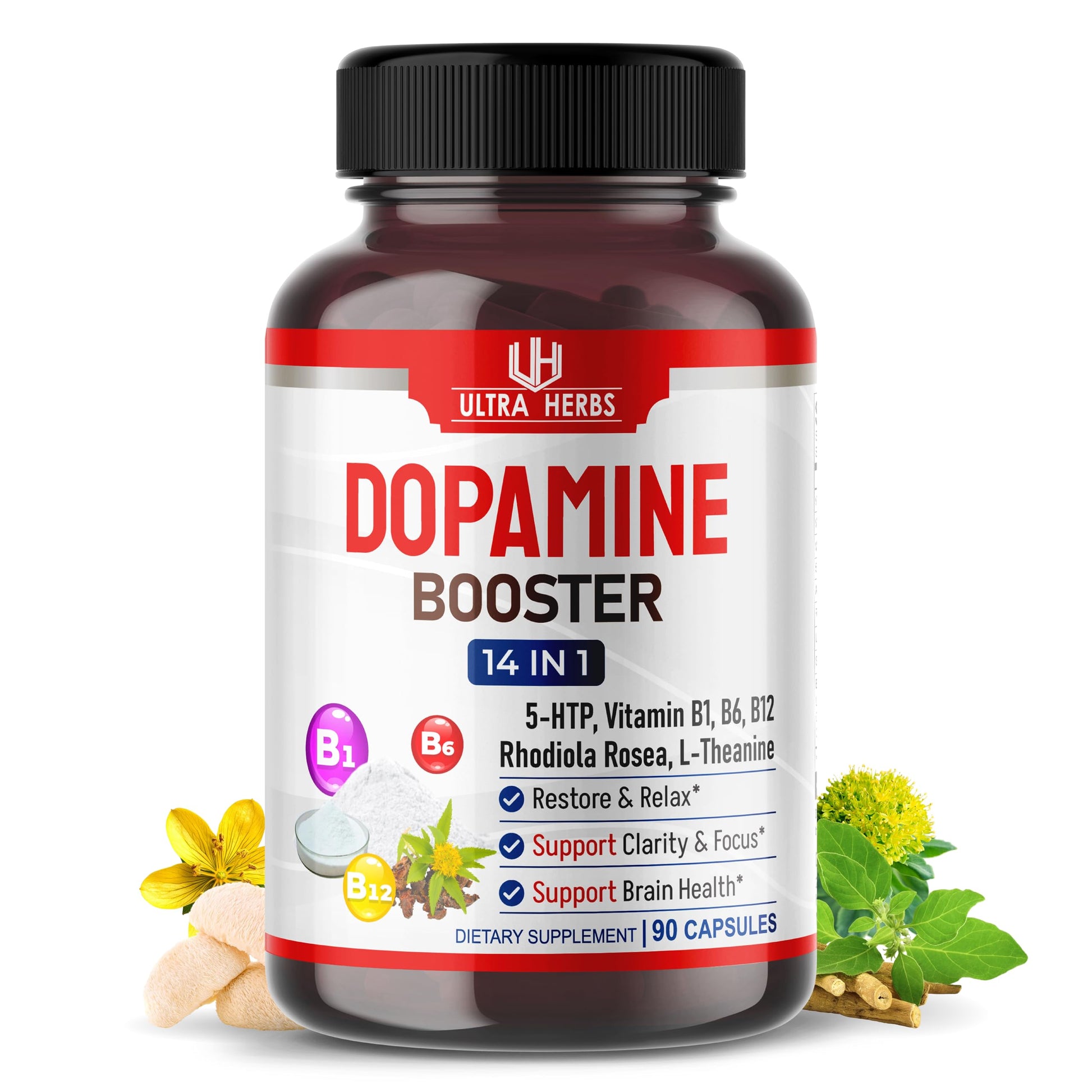 Dopamine Focus Supplement Ashwagandha 5-HTP Rhodiola Rosea St. John's Wort - Increase Memory Clarity Focus Restore Relax with VIT B1, B6, B12, L-Theanine ULTRA HERBSBuy Supplements Australia