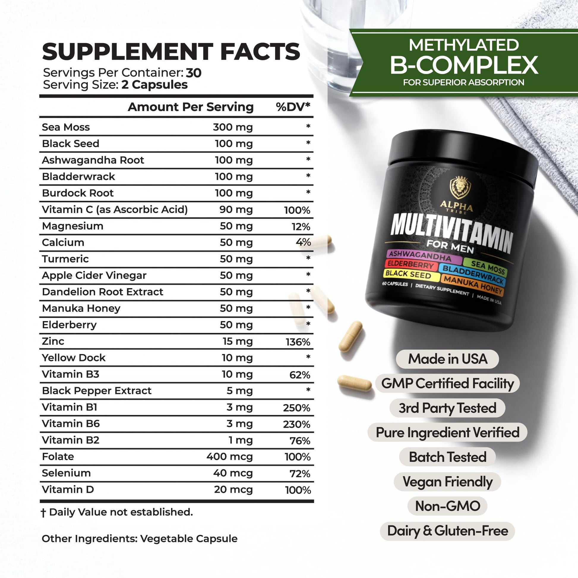 Alpha Tribe Multivitamin for Men & Organizer w/Seamoss Black Seed Oil Ashwagandha Burdock Root Turmeric Bladderwrack Vitamin C | Daily Men's Vitamins & Minerals Supplement | 60 Count Alpha TribeBuy Supplements Australia