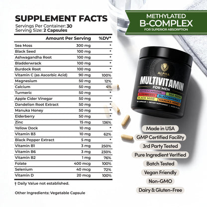 Alpha Tribe Multivitamin for Men & Organizer w/Seamoss Black Seed Oil Ashwagandha Burdock Root Turmeric Bladderwrack Vitamin C | Daily Men's Vitamins & Minerals Supplement | 60 Count Alpha TribeBuy Supplements Australia