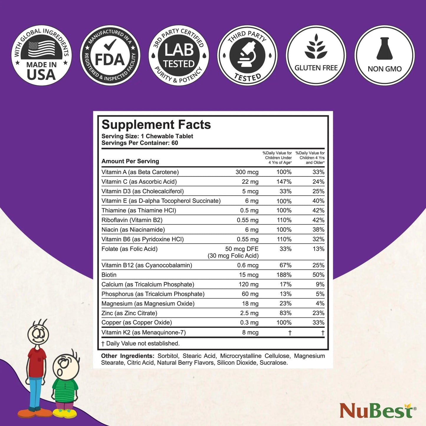 NuBest Tall Kids - Multivitamins & Minerals for Age 2 to 9 - Bone Strength & Immunity Support - Helps Kids, Toddlers Healthy NuBest