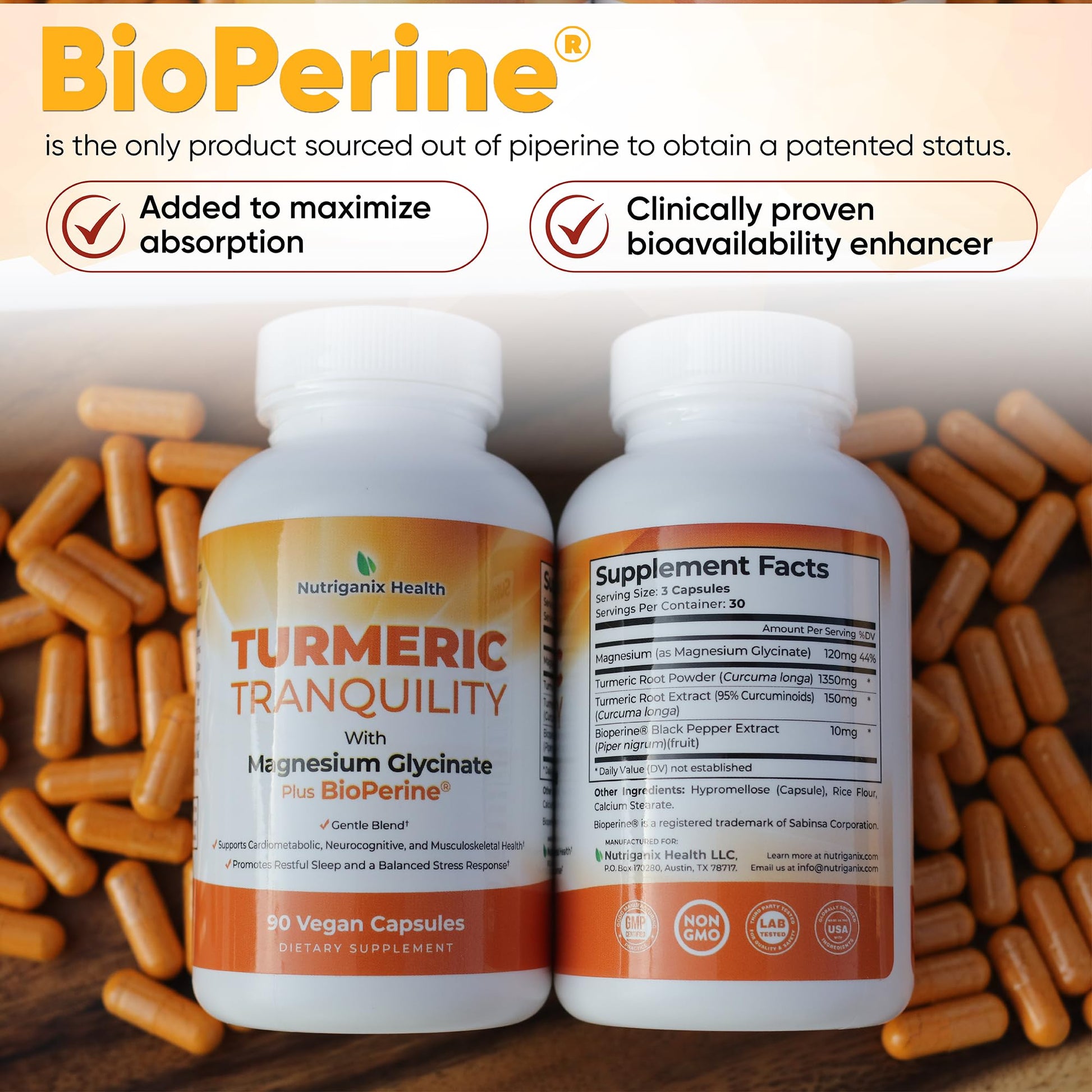 Turmeric Tranquility Turmeric Curcumin & Magnesium Glycinate with BioPerine – Support for Stress Relief, Sleep, Heart Health, Muscles, Metabolism, and Joint Health* - High Absorption - 90 Capsules (1) NutriganixBuy Supplements Australia