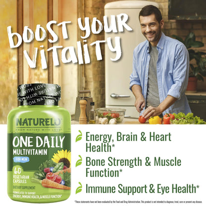 NATURELO One Daily Multivitamin for Men with Vitamins, Minerals & Organic Whole Foods - 60 Capsules and Magnesium Glycinate Chelate Complex NATURELO