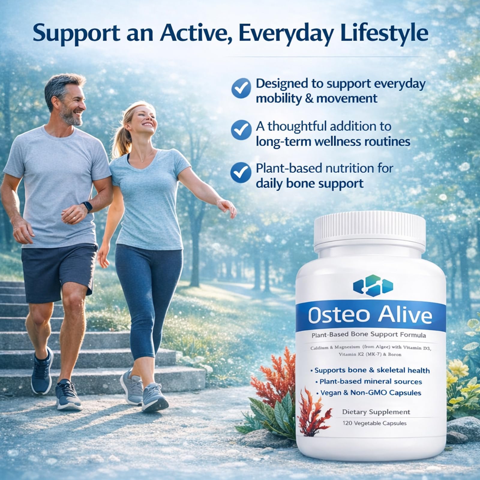 AIFBENK Osteo Alive Bone Support, with Plant-Based Calcium & Magnesium (from Algae), Vitamin D3 (from Lichen), Vitamin K2 (MK-7), Boron & BioPerine, Helps Support Bone & Skeletal Health AIFBENKBuy Supplements Australia