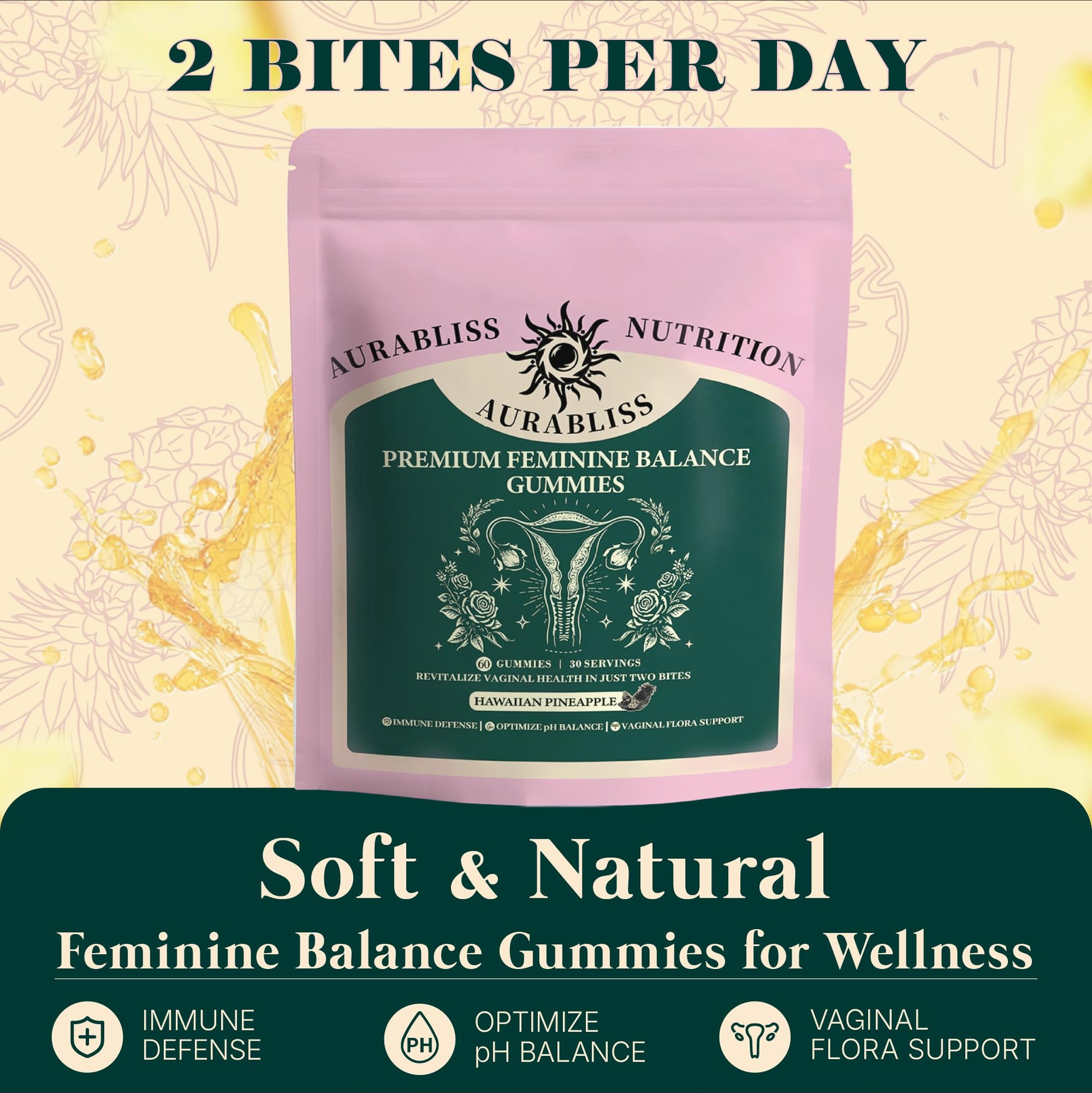 Premium Feminine Balance Gummies for Women - Hawaiian Pineapple Gummies for Women PH Balance Wellness, Immune Support, Vegan Daily Supplement for Odor and Flora Health , 60 Counts - 30 Servings AurablissBuy Supplements Australia