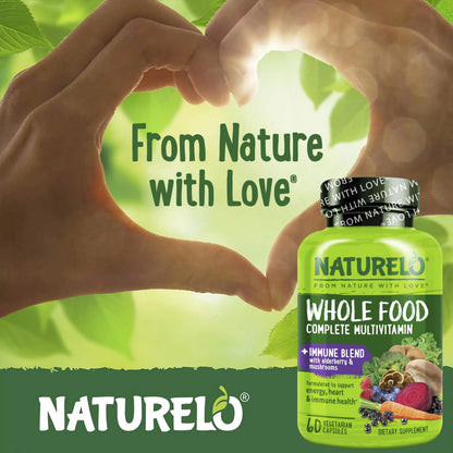 NATURELO Whole Food Multivitamin + Immune Blend with Elderberry & Mushrooms - Complete Multivitamin with Extra Immune Support NATURELO