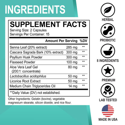 Colon Cleanser Detox for Weight Flush - 15 Day Intestinal Cleanse Pills & Probiotic - Fast Natural Laxative for Constipation Relief - Bowel Movement Supplements for Stomach Bloating, Gut Loss Support