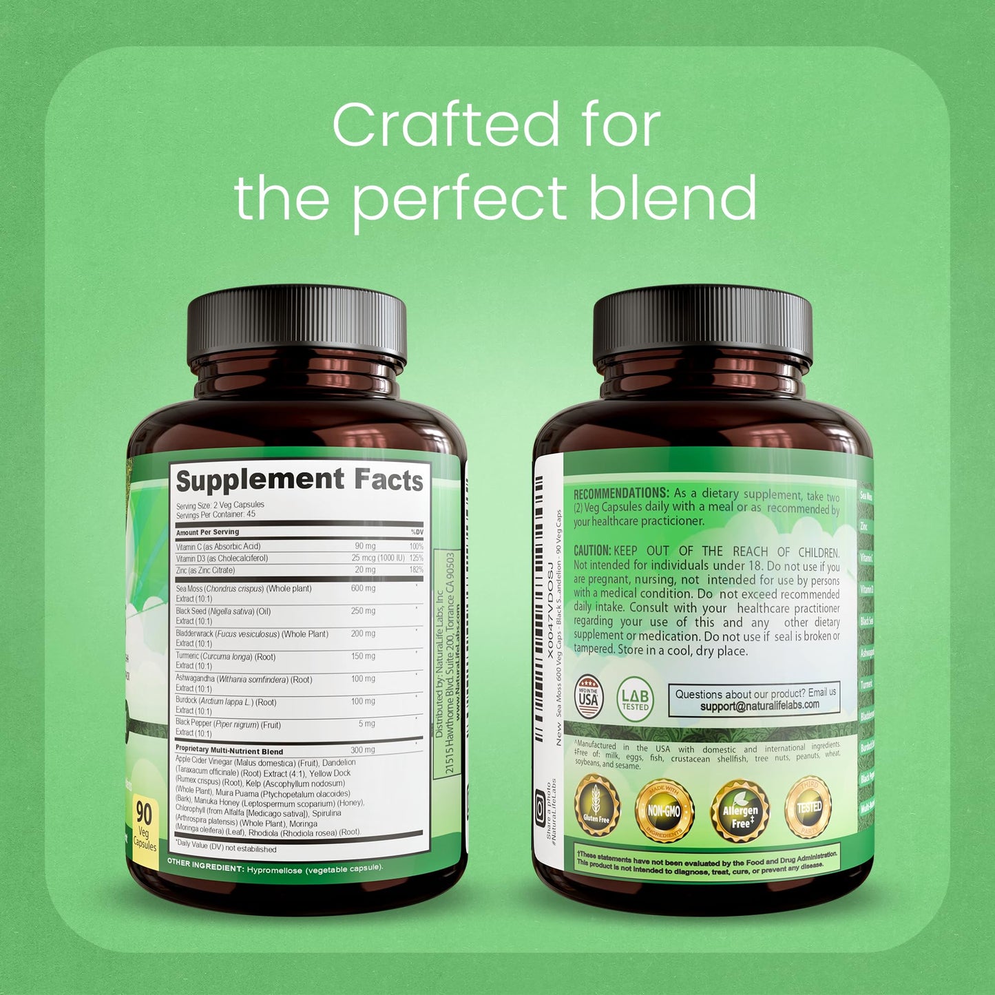 Sea Moss, Black Seed Oil, Bladderwrack, Turmeric, Ashwagandha, Burdock, Vitamin C, D3, Yellow Dock Root, Manuka, Dandelion - 90 Veggie caps NaturaLife LabsBuy Supplements Australia
