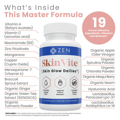 Zen Nutrients SkinVite Natural Skin Supplement for Women, Men & Teens - Hormonal Breakouts & Clear Skin Support Supplement - Detoxifying Vitamin for Acne and Digestion Support Zen NutrientsBuy Supplements Australia