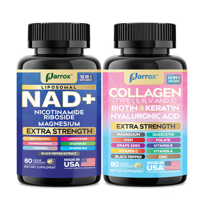 Parrox Forever Young Set with Liposomal NAD, Nicotinamide Riboside, Magnesium, Resveratrol, Lion's Mane, Collagen Peptides Types I, II, III, V and X, Biotin & Keratin, Hyaluronic Acid, Zinc, Quercetin ParroxBuy Supplements Australia