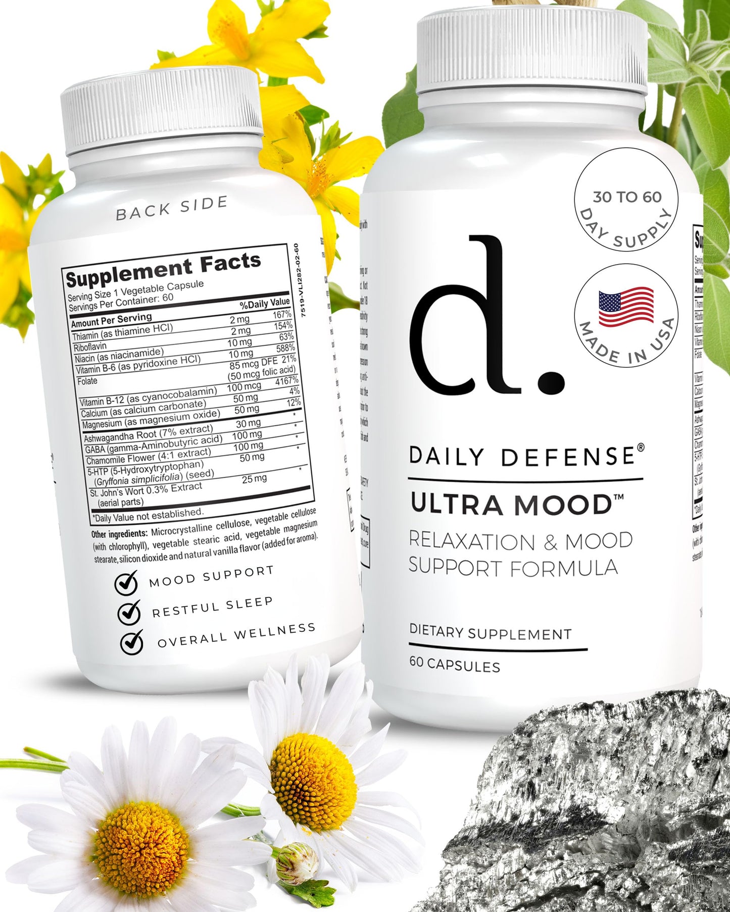 Daily Defense Mood Support Supplement - Ultra Mood 60 Count Mood Enhancer with Calcium Carbonate, Folic Acid, GABA, 5-HTP, Ashwagandha Root Extract & More - Non GMO Mood & Relaxation Supplement Daily DefenseBuy Supplements Australia