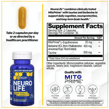 NeuroLife Longevity Supplement - 500mg Taurine & 400mg Berberine Supplement - Clinically Tested MitoPrime L-Ergothioneine - Brain Support for Cognitive Vitality - 60 Berberine Capsules NATURAL STACKSBuy Supplements Australia