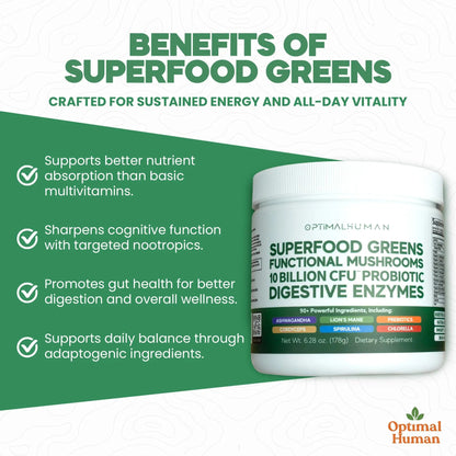 Optimal Human Superfood Greens Powder – 90+ Ingredient Blend with Lion’s Mane Supplement, Ashwagandha & Turmeric O H