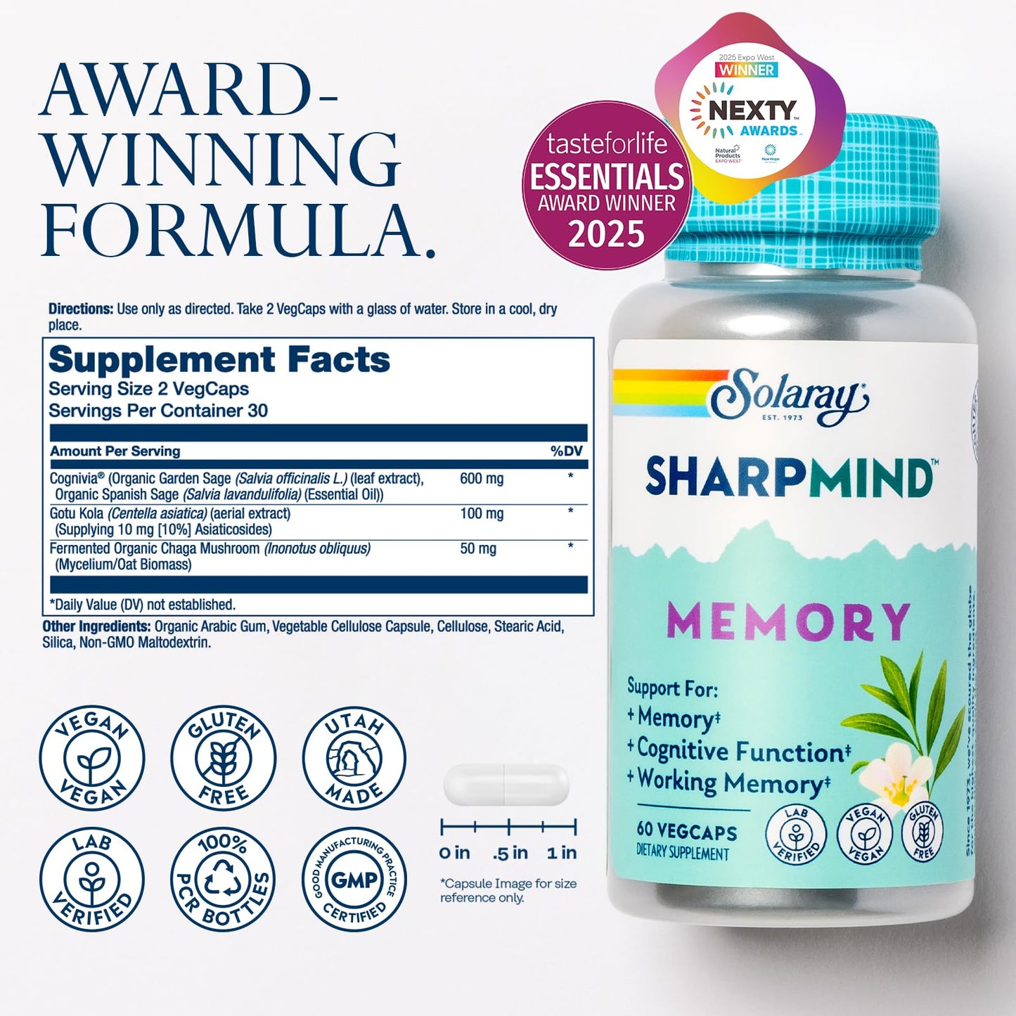 SOLARAY SharpMind Memory Formula - Brain Supplements for Memory and Focus - Cognivia, Gotu Kola & Chaga Mushroom Supplement - Ginkgo Biloba Alternative - 60-Day Guarantee - 30 Servings, 60 VegCaps SOLARAYBuy Supplements Australia