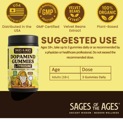 Sages Of The Ages L-Tyrosine Gummies 1000mg – Amino Acid Supplement with Mucuna Pruriens, B Vitamins & Rhodiola – Blueberry Flavor – 90 Gummies Sages Of The AgesBuy Supplements Australia