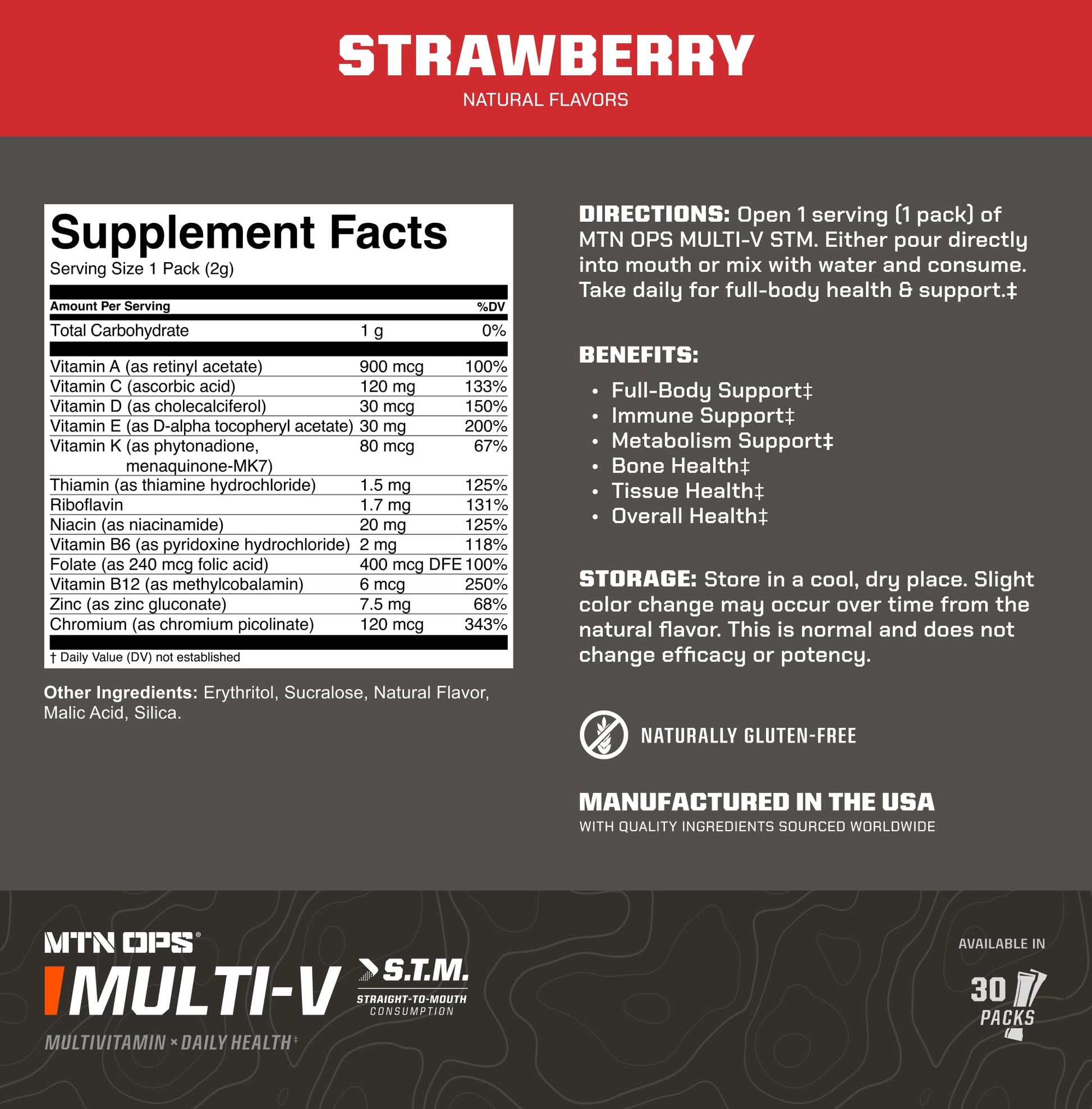 MTN OPS Multi‑V STM On‑the‑Go Daily Multivitamin for Men, Women & Kids – Straight‑to‑Mouth Vitamin C D3 B Zinc Packs – Gluten Free, Natural Flavors, 30 Servings MTN OPSBuy Supplements Australia