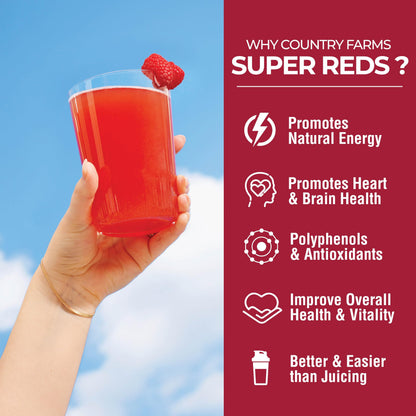 COUNTRY FARMS Super Reds, Energizing Polyphenol Superfood, 48 Super Fruits and Berries, Powerful Antioxidants and Polyphenols, Supports Energy, 20 Servings, Mixed Berry Flavor Country FarmsBuy Supplements Australia