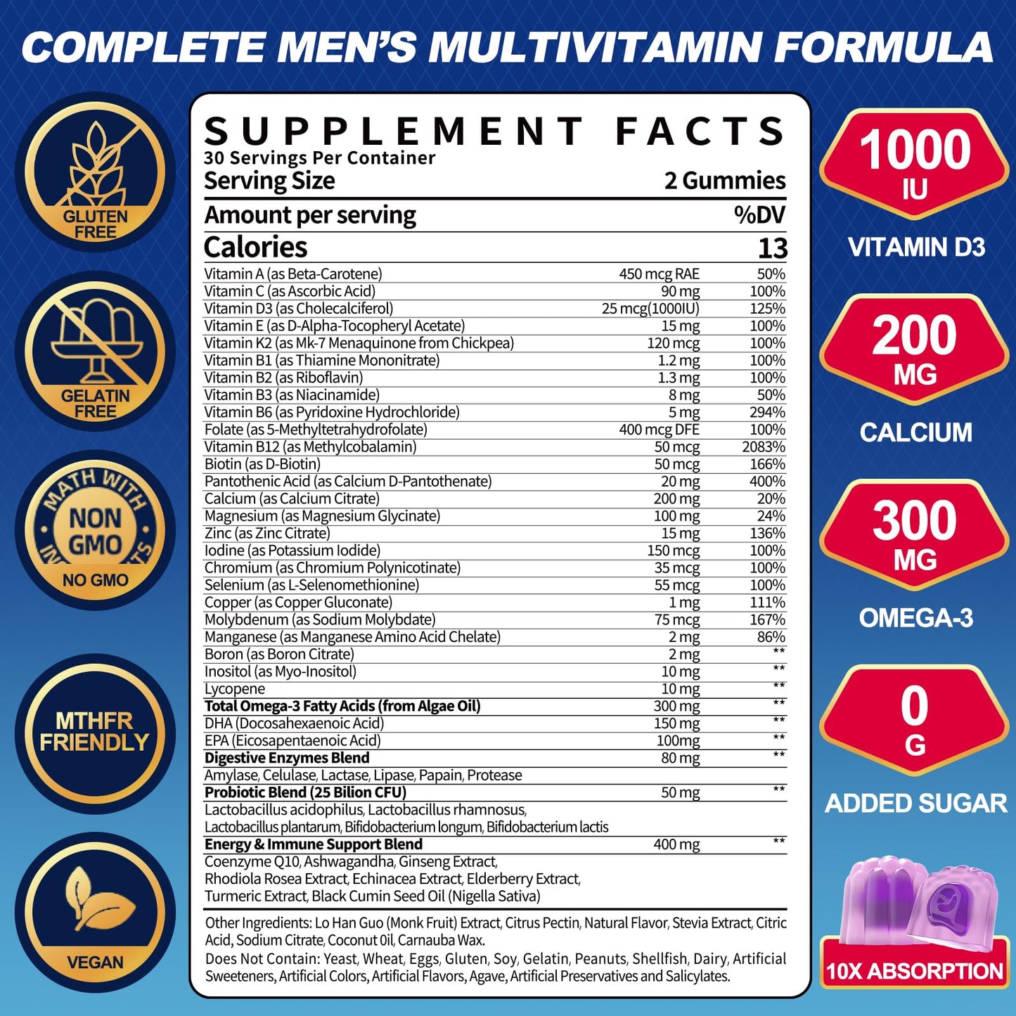 Ceecisee Men’s Methylated Multivitamin Gummies: Chewable Multivitamins Mens Gummy with Omega Probiotic Magnesium Zinc Vitamins B12 D3 - No Iron Daily Supplement Support Energy Immune for Men(120Count) CeeciseeBuy Supplements Australia
