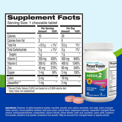 PreserVision AREDS 2 Eye Vitamins, #1 Eye Doctor Recommended Brand, Chewable Lutein and Zeaxanthin Supplement with Vitamin C, Vitamin E,Zinc, and Copper, Mixed Berry, 70 Tablets PreserVisionBuy Supplements Australia