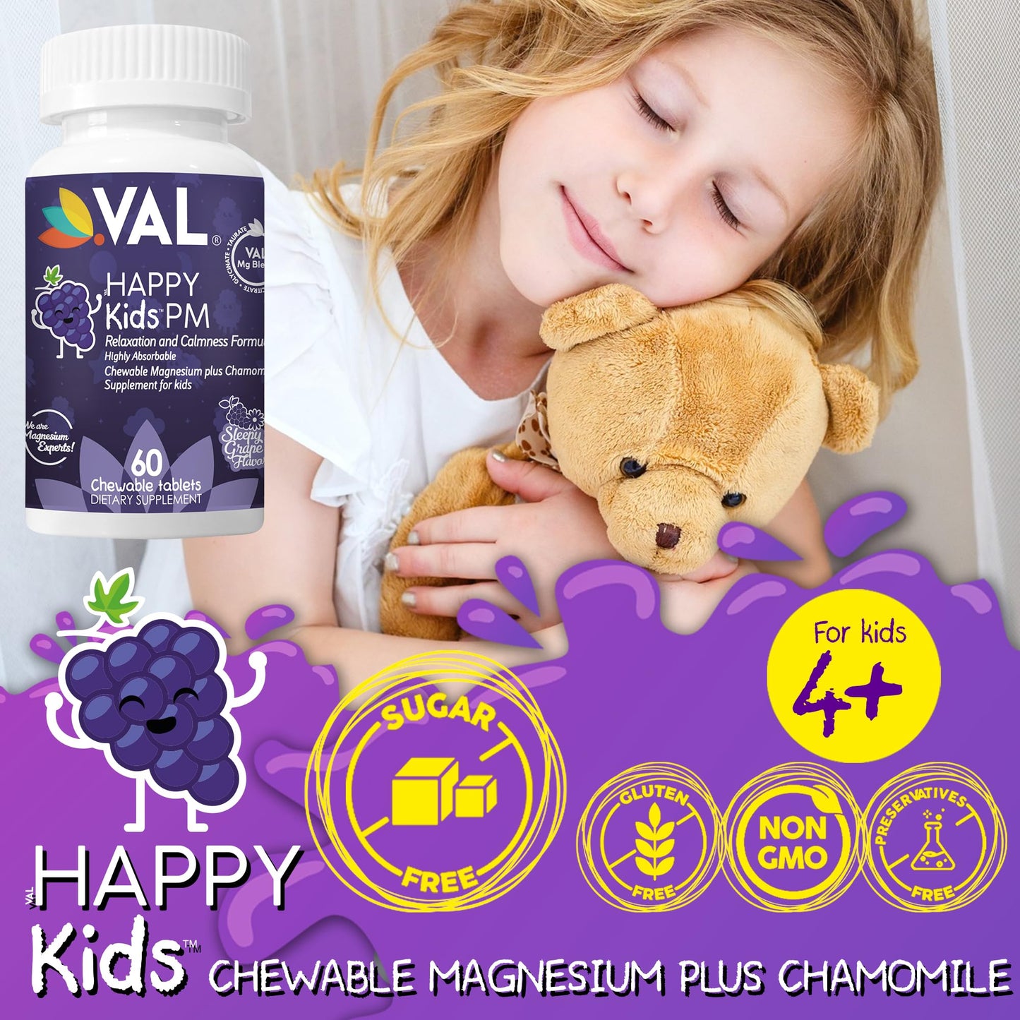 VAL Kids PM Magnesium Gummies | Sugar-Free Chewable Tablets with Chamomile, Magnesium Glycinate + Citrate + Taurate | Vitamin B6 & C | Natural Grape Flavor | Sleep & Calm Support | 60 Ct | Ages 4+ VALBuy Supplements Australia
