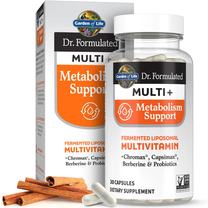 Garden of Life Dr. Formulated Multi+ Metabolism Support - Fermented Liposomal Multivitamin + Chromax, Capsimax, Berberine & Probiotics - 30 Capsules Garden of Life