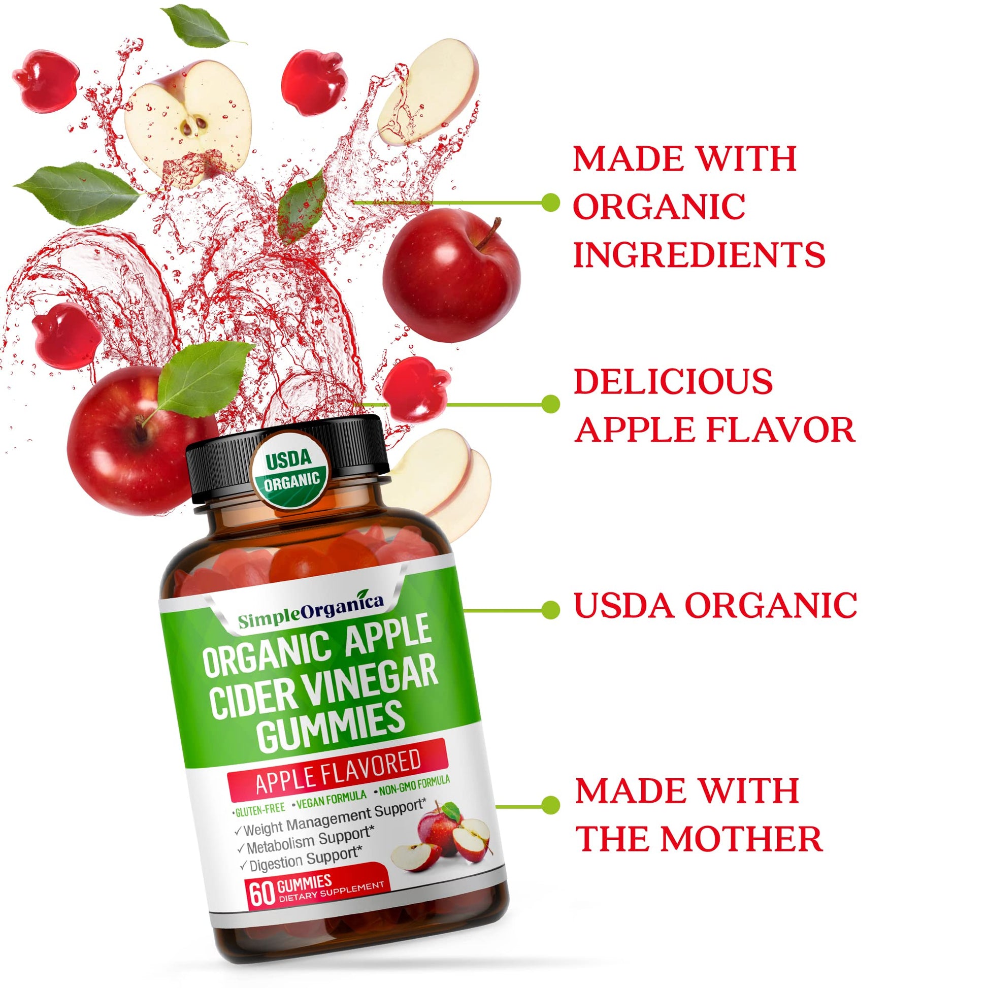 USDA Organic Apple Cider Vinegar Gummies with The Mother. AVC Keto Gummy Vitamins Simple OrganicaBuy Supplements Australia