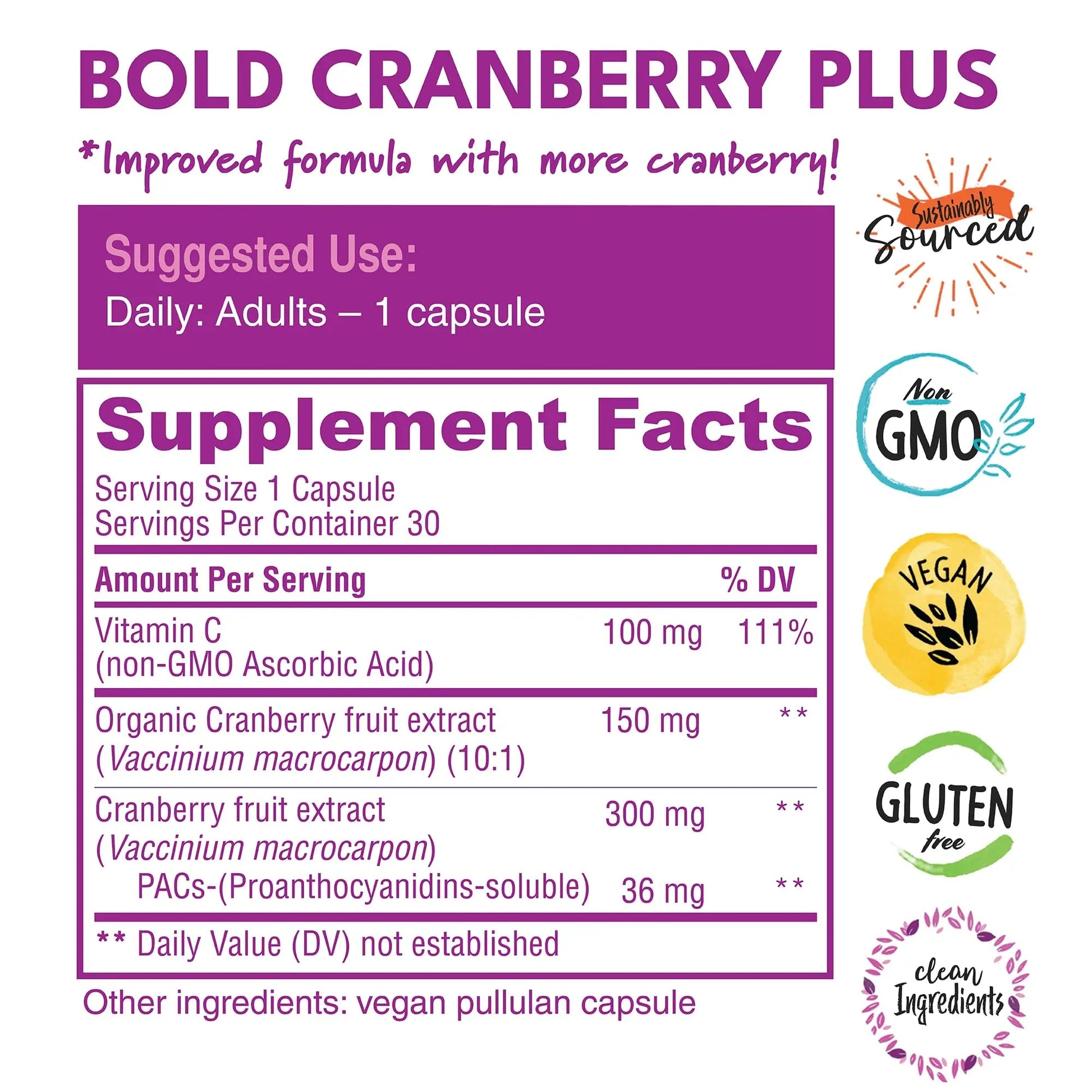 Bold Cranberry Plus Capsules - 100% Soluble 36mg PACs - Cranberry Pills for Women & Men with Urinary Tract Support, Non-GMO Vitamin C — 30 Vegan Capsules, 1 Month Supply Bold BotanicaBuy Supplements Australia