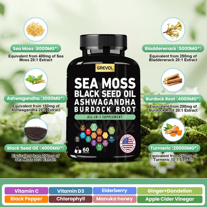 Sea Moss Black Seed Oil Ashwagandha Bladderwrack Burdock Root Turmeric & Vitamin C D3 Elderberry ACV Black Pepper - Multimineral Supplement - 60 Count GrevolBuy Supplements Australia