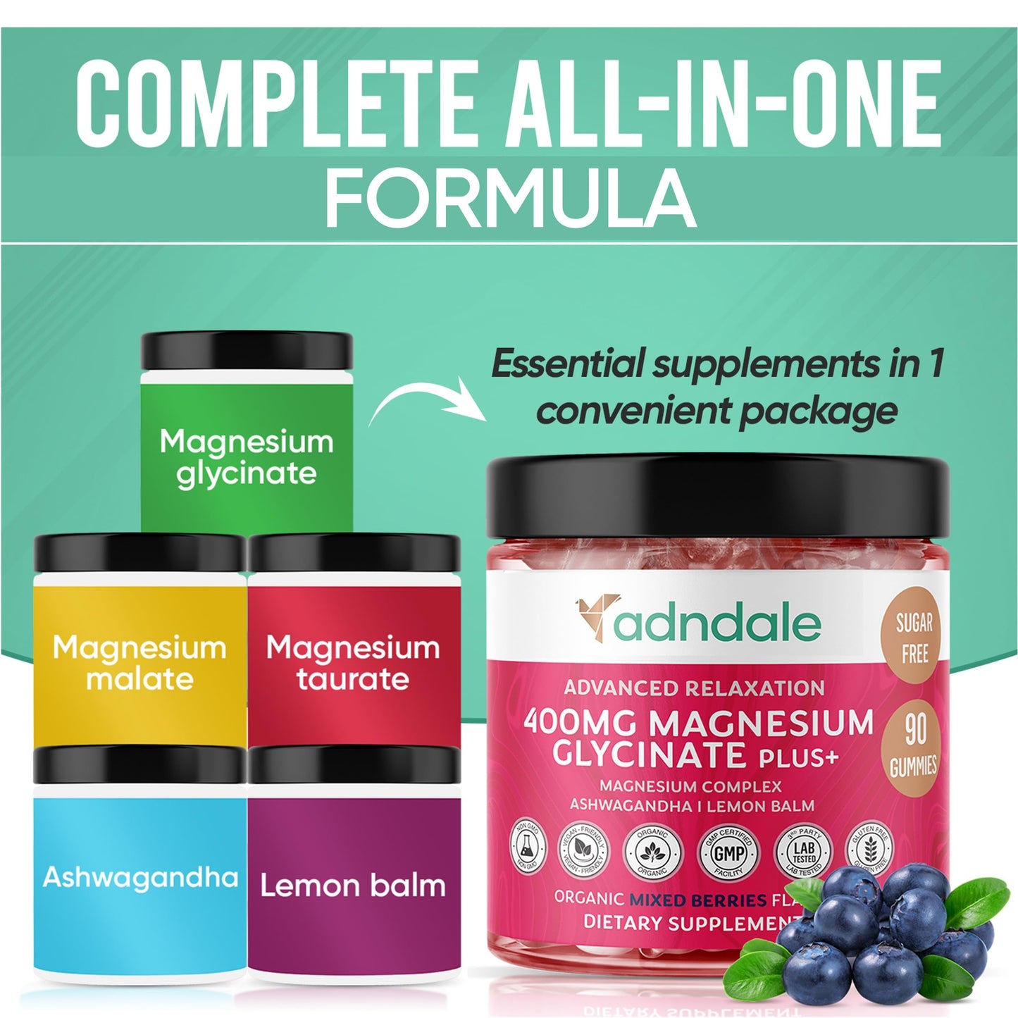 Adndale 90 CT Magnesium Glycinate 400 mg Gummies with Ashwagandha, Magnesium Malate & Taurate, Sugar Free Magnesium Gummies