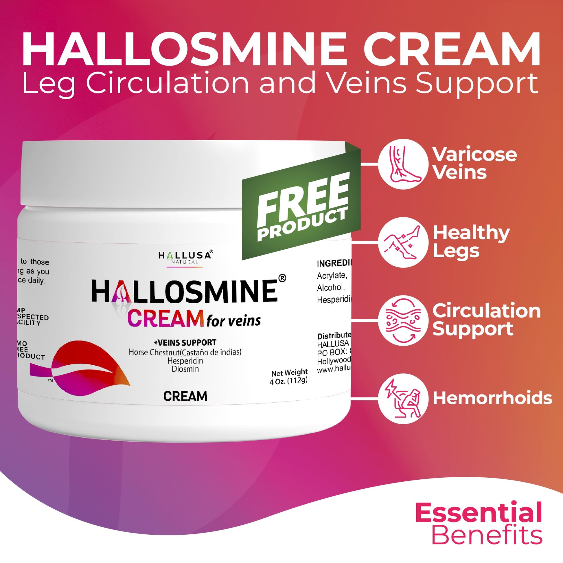 Hallosmine Ultra 650mg Diosmin Hesperidin, 60 Capsules + FREE Leg Cream with Diosmin, Hesperidin & Horse Chestnut, 4 oz | Blood Circulation & Vein Support Supplement, GMO Free, Gluten Free Hallusa NaturalBuy Supplements Australia