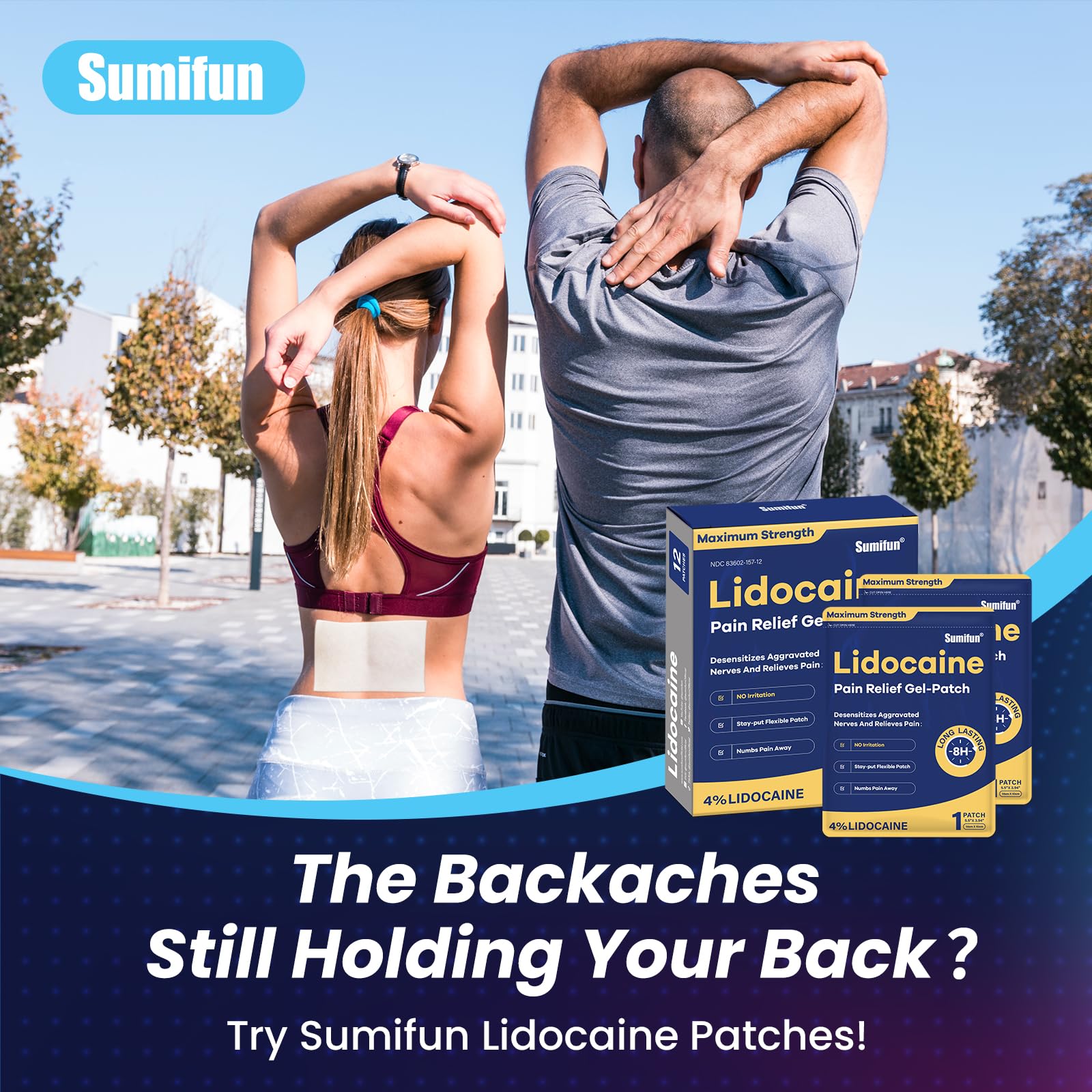 Sumifun 4% Lidocaine Patches Maximum Strength - 12 Count Pain Relieving Gel Patch for Muscle Soreness, Back Ache, Knee, Neck & Joint Pains - Topical Analgesic (Large, Count, 12) SumifunBuy Supplements Australia
