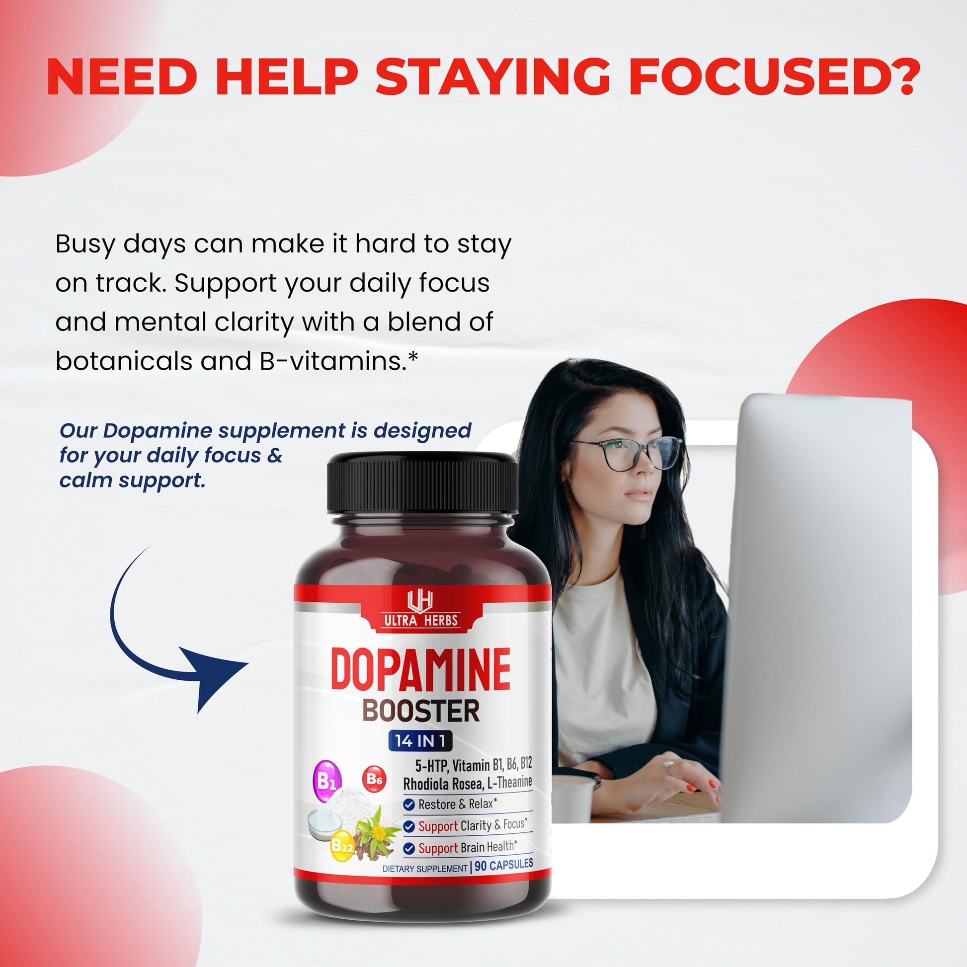 Dopamine Focus Supplement Ashwagandha 5-HTP Rhodiola Rosea St. John's Wort - Increase Memory Clarity Focus Restore Relax with VIT B1, B6, B12, L-Theanine ULTRA HERBSBuy Supplements Australia