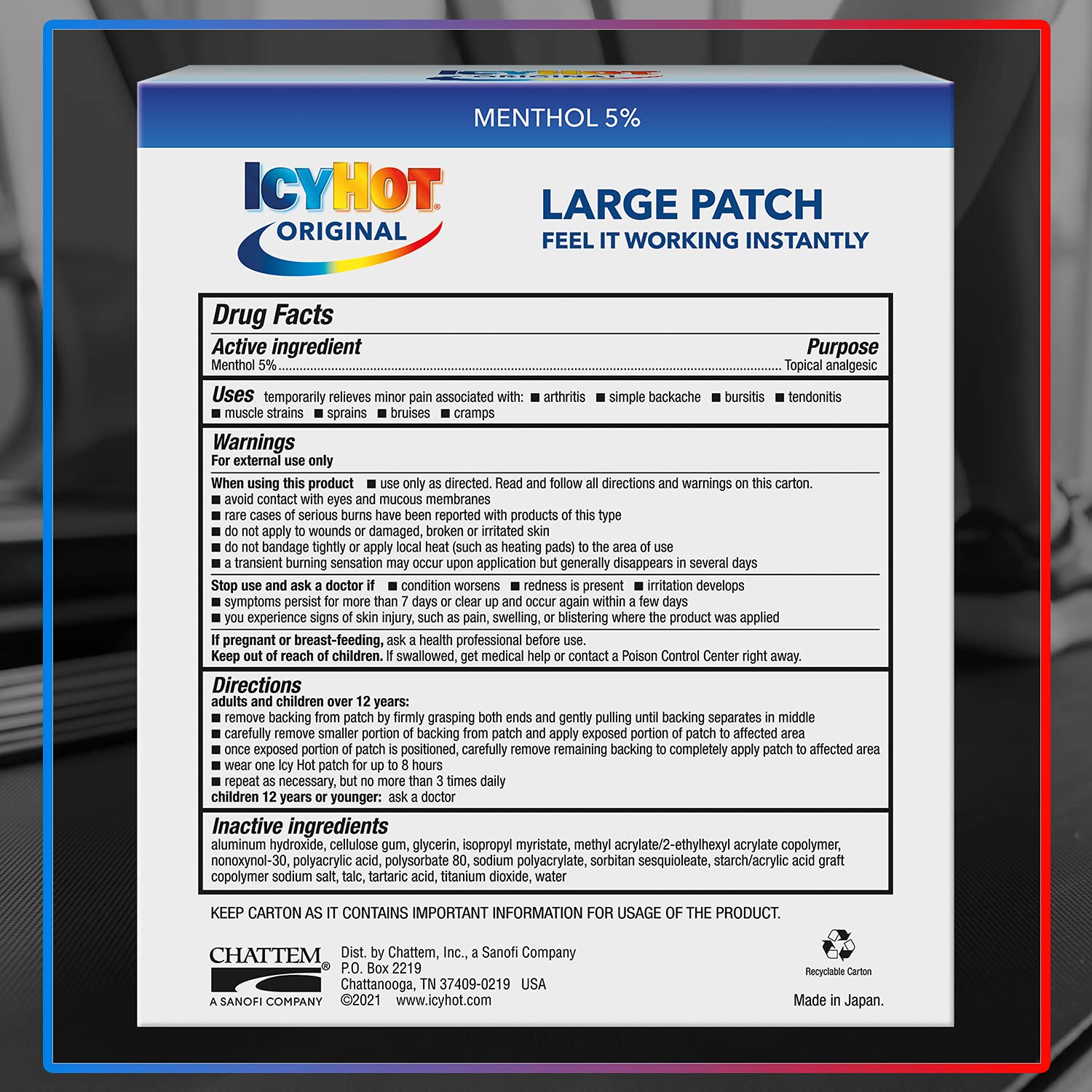 Icy Hot Original Pain Relief Patch, Large Size Comfortable Fabric Patches with Menthol 5%, Ice and Heat Contrast Therapy for Backaches, Joints, Muscle Strains and Arthritis, 5 ct. Icy HotBuy Supplements Australia
