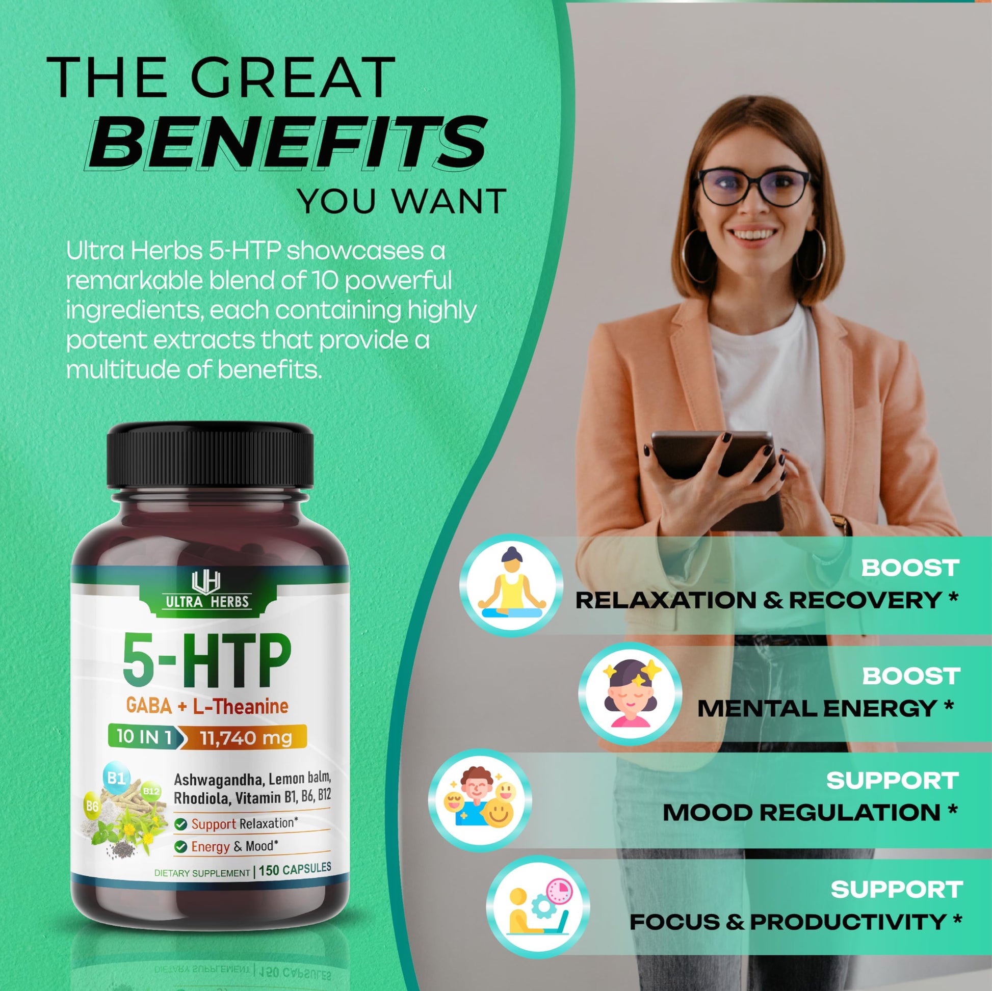 5-HTP Supplement 11,740mg 10 in 1 with GABA, L-Theanine, Ashwagandha, Rhodiola ULTRA HERBSBuy Supplements Australia