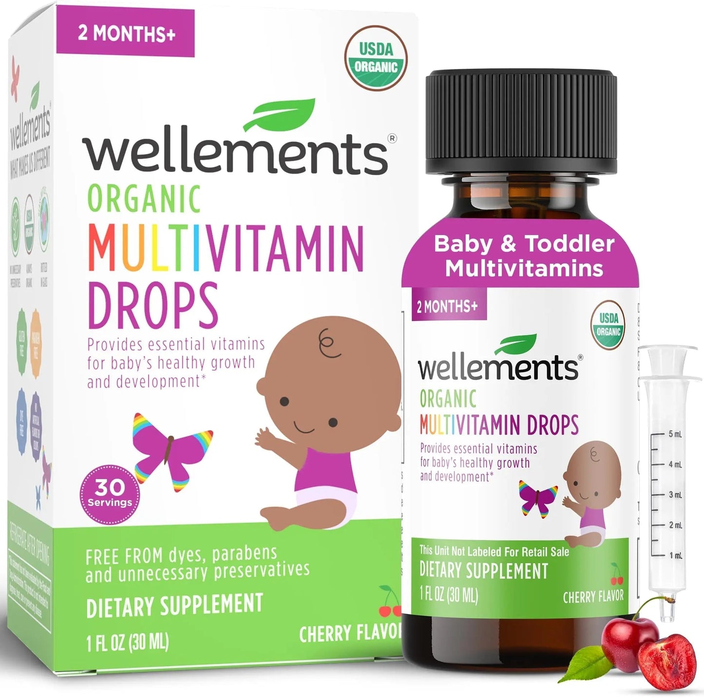 Wellements Organic Baby Multivitamin Drops (1 Fl Oz) - Cherry Flavor Liquid Multivitamins for Infants & Toddlers (2 Months+) WellementsBuy Supplements Australia