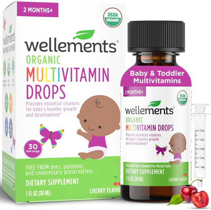Wellements Organic Baby Multivitamin Drops (1 Fl Oz) - Cherry Flavor Liquid Multivitamins for Infants & Toddlers (2 Months+) WellementsBuy Supplements Australia