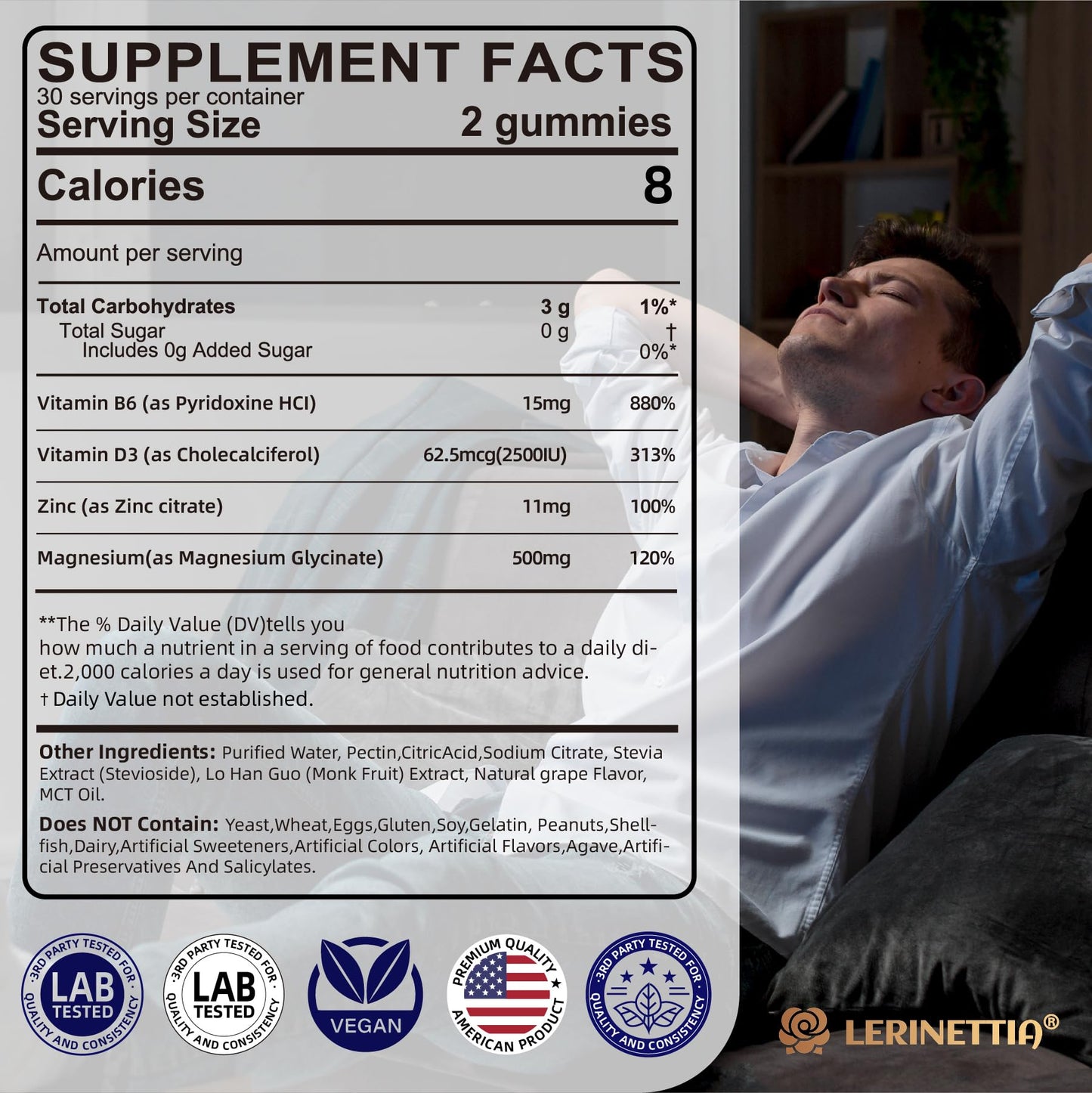 Magnesium Glycinate 500mg/250mg for Adults Teens - Plus D3,B6 & Zinc - Magnesium Glycinate Gummies,High Absorption - Support for Relaxation,Brain,Bone & Immunity Health - Sugar Free - 120Cts LerinettiaBuy Supplements Australia